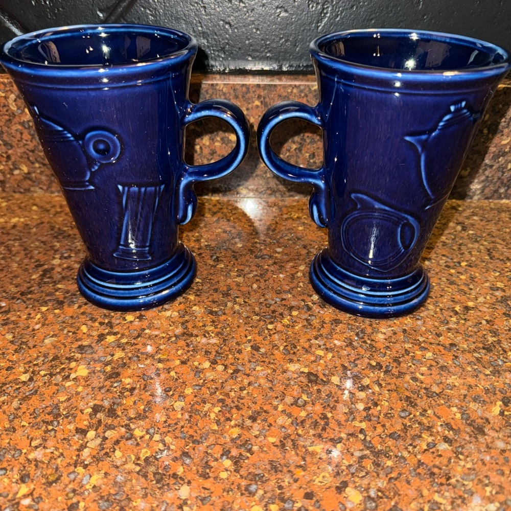 Homer Laughlin Fiesta Cobalt Blue Latte Pedestal Coffee HLC Embossed 6" Mugs - Picture 6 of 7
